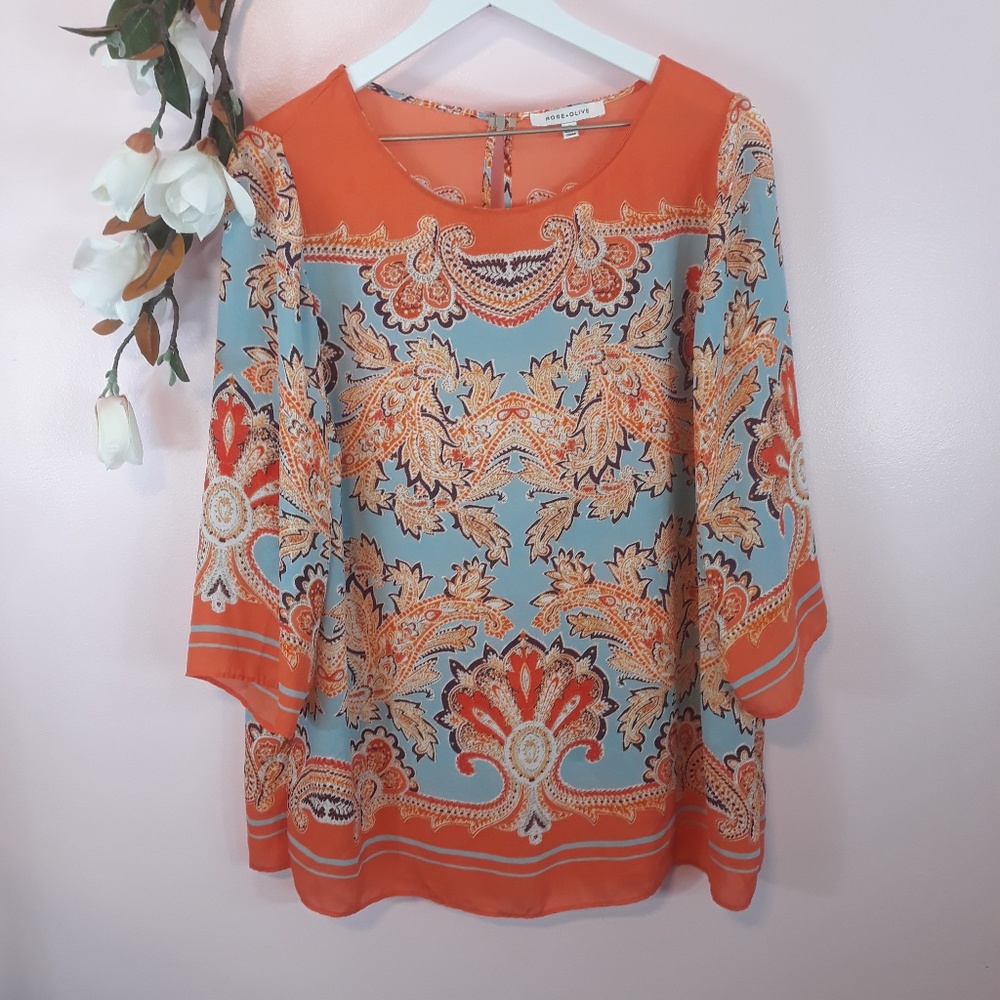 Rose + Olive 3/4 Sleeve Sheer Boho Style Top Sz XL